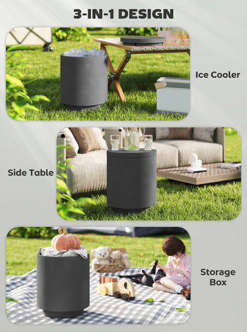 2.6 Gal Outdoor Side Table, 3-In-1 Concrete Cooler Bar Table with Storage, Removable Ice Bucket and Lid, Charcoal Gray