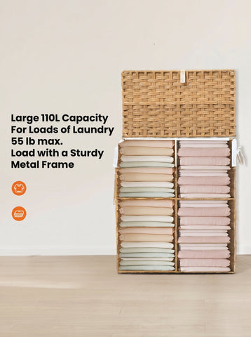 [World Cup 2026]Laundry Basket With Lid 110 L Hand-Woven Pp Rattan Laundry Basket With Compartments & Handles Foldable Removable Liner