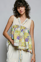 POL Floral V-Neck Sheer Tank with Lace Trim