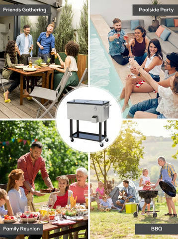 80 QT Rolling Cooling Bins Ice Chest on Wheels Outdoor Stand Up Drink Cooler Cart for Party