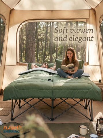 2-Person Folding Camping Cot Portable Outdoor Bed Set with Sleeping Bag, Inflatable Air Mattress, Comfort Pillows and Carry Bag, Soft and Comfortable for Outdoor Travel Camp Beach Vacation