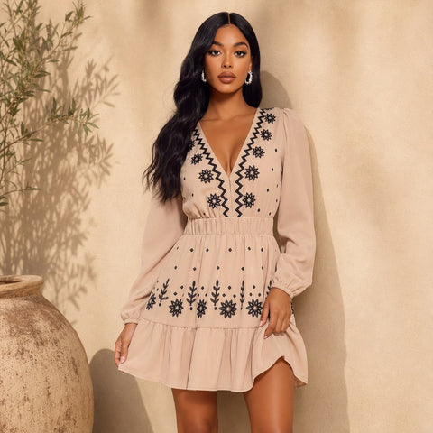 Boho Embroidered V Neck Mini Dress