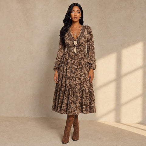 Boho Floral V Neck Midi Dress