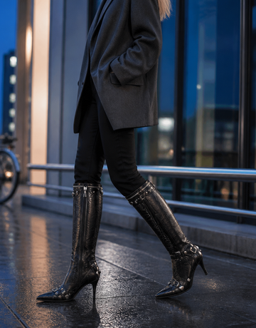 Studded Zipper Pointed Toe Punk Knee-High Boots