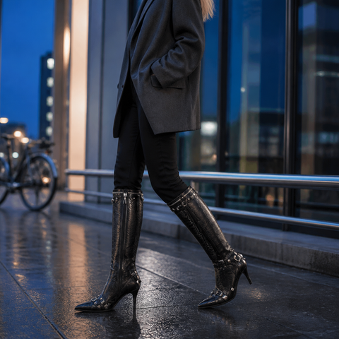 Studded Zipper Pointed Toe Punk Knee-High Boots