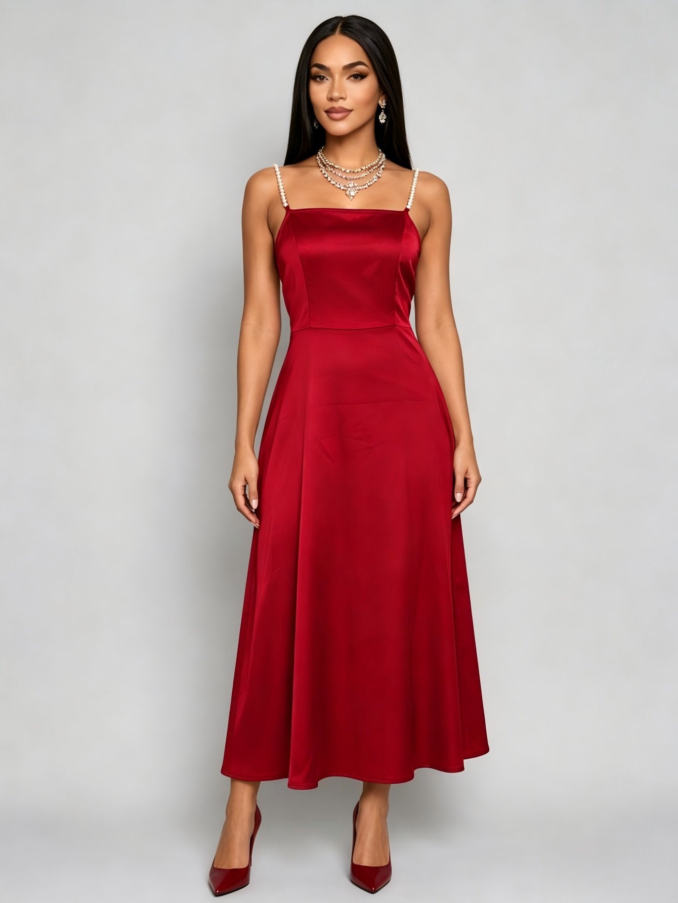 Elegant Pearl Strap Satin Midi Dress