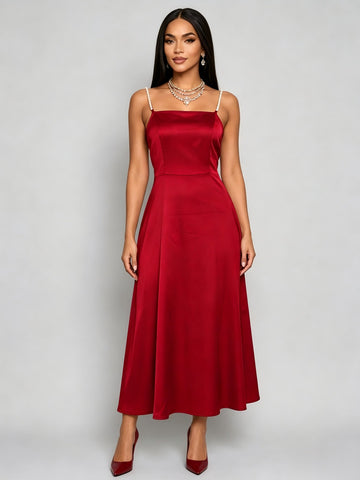 Elegant Pearl Strap Satin Midi Dress
