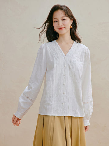 Embroidered Cotton V Neck Button Shirt