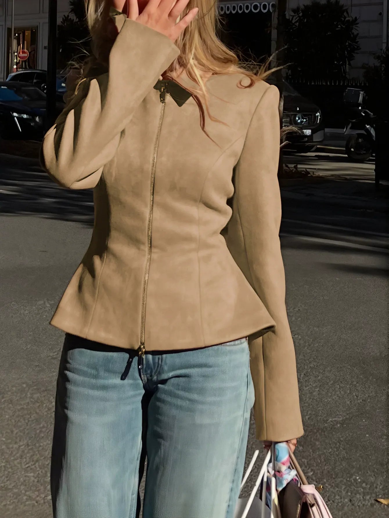 Fitted Suede Peplum Zip Jacket
