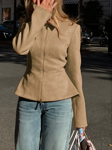 Fitted Suede Peplum Zip Jacket