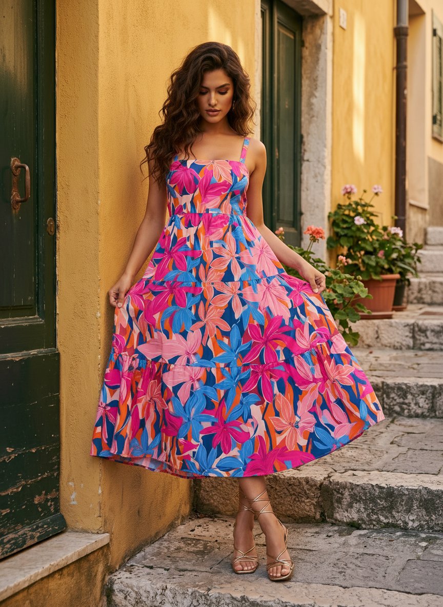 FLORA Floral Print Tiered Strap Midi Dress
