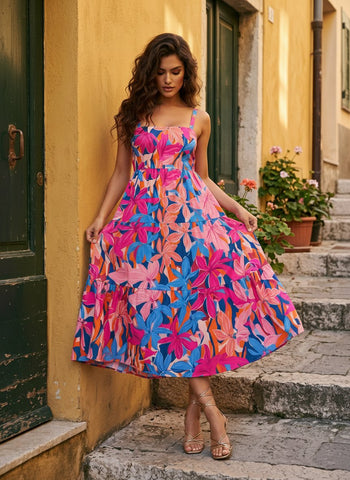 FLORA Floral Print Tiered Strap Midi Dress