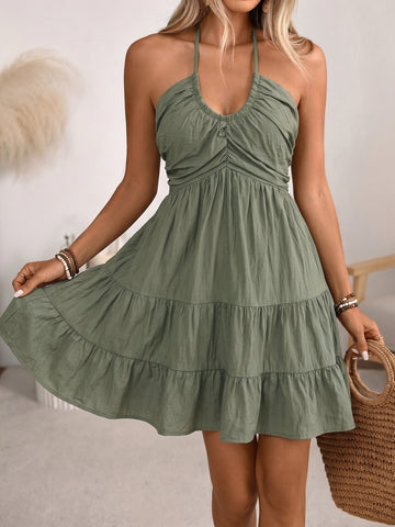 Ruched Halter Tiered Mini Dress