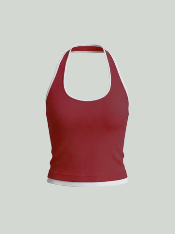 Ribbed Contrast Trim Halter Tank Top