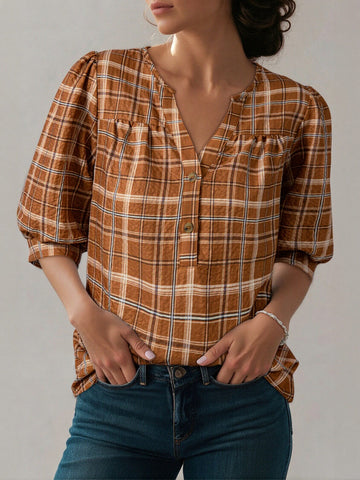 Plaid Puff Sleeve Chiffon Blouse