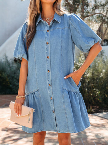 Flounced Hem Pocket Detail Denim Mini Dress