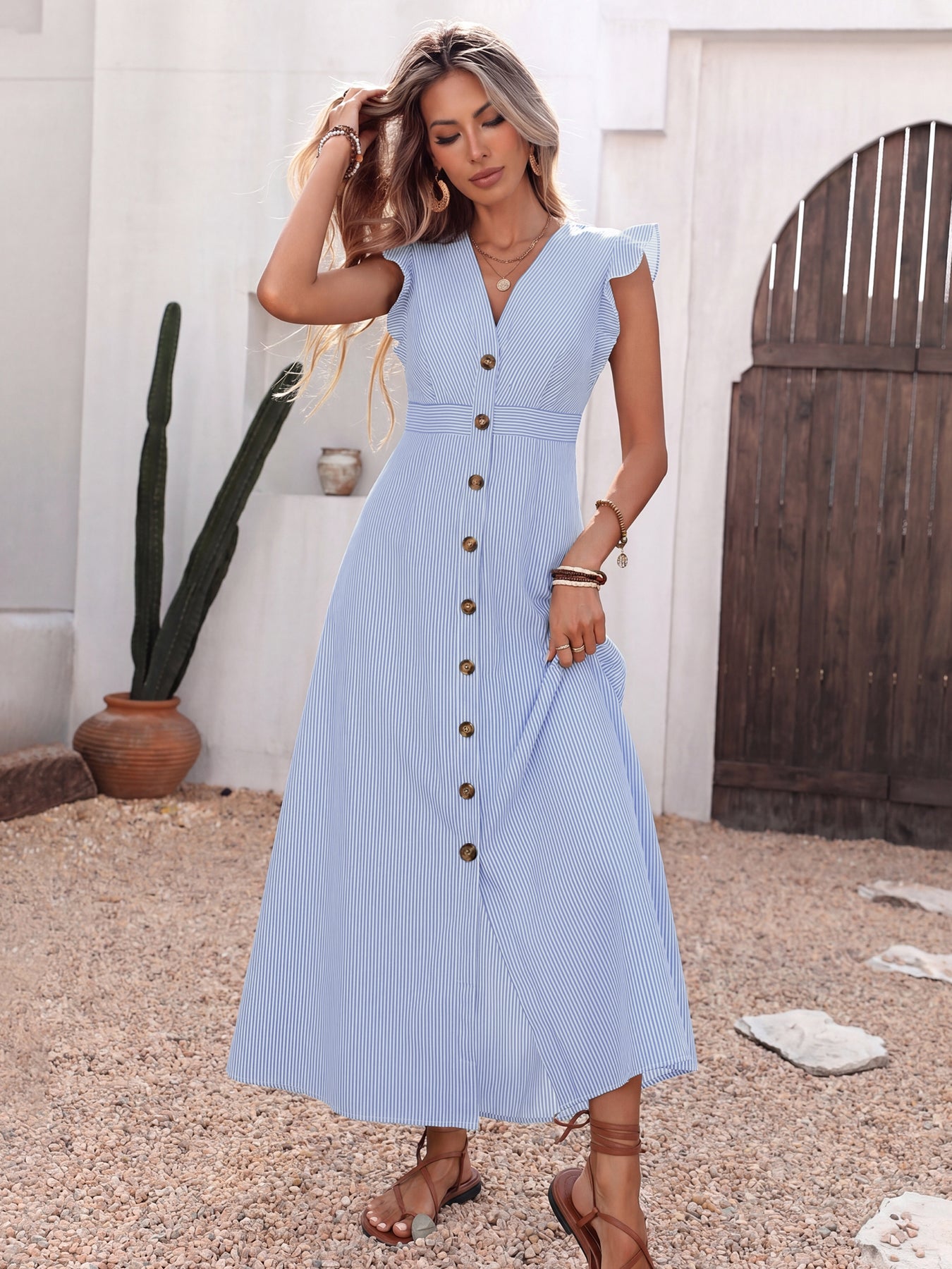 Ruffled Button Down Striped Maxi Dress