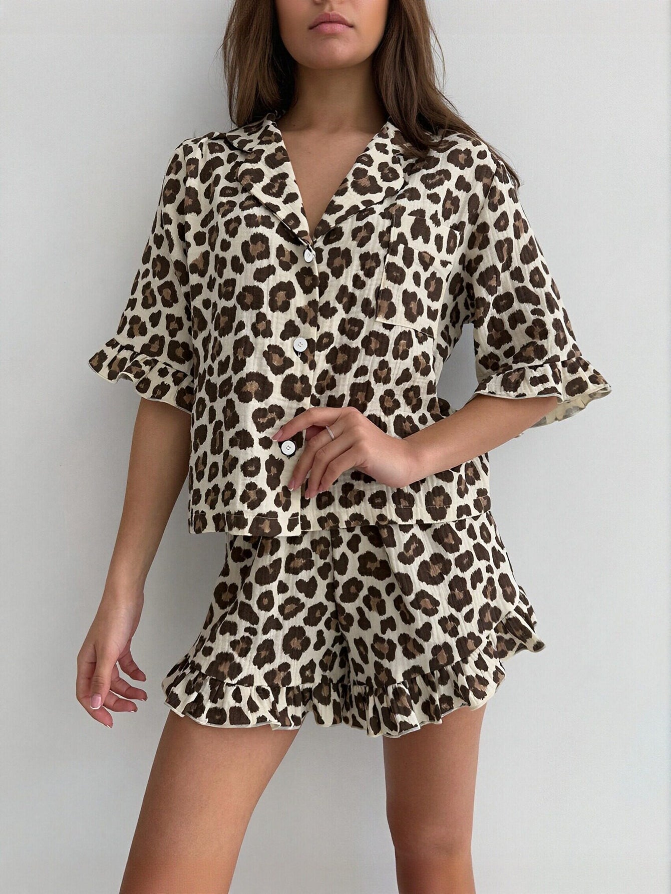 Leopard Print Ruffle Pajama Set