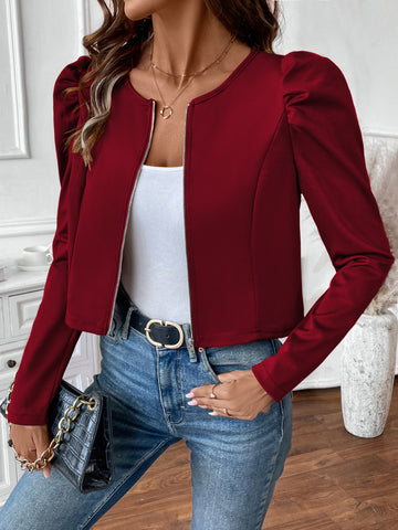 Elegant Puff Sleeve Zip Up Jacket