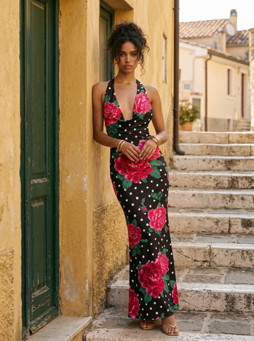 Floral Print Cowl Neck Bodycon Maxi Dress