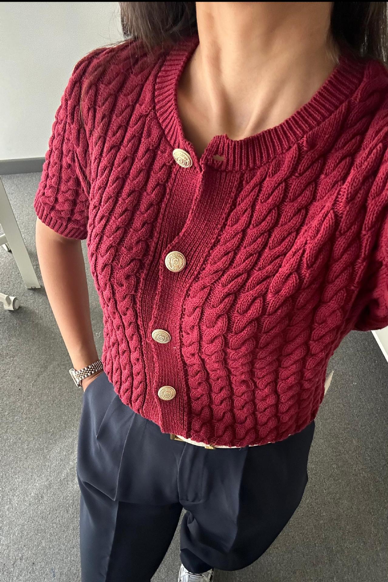 Cable Knit Short-Sleeved Casual Cardigan-Multicolor