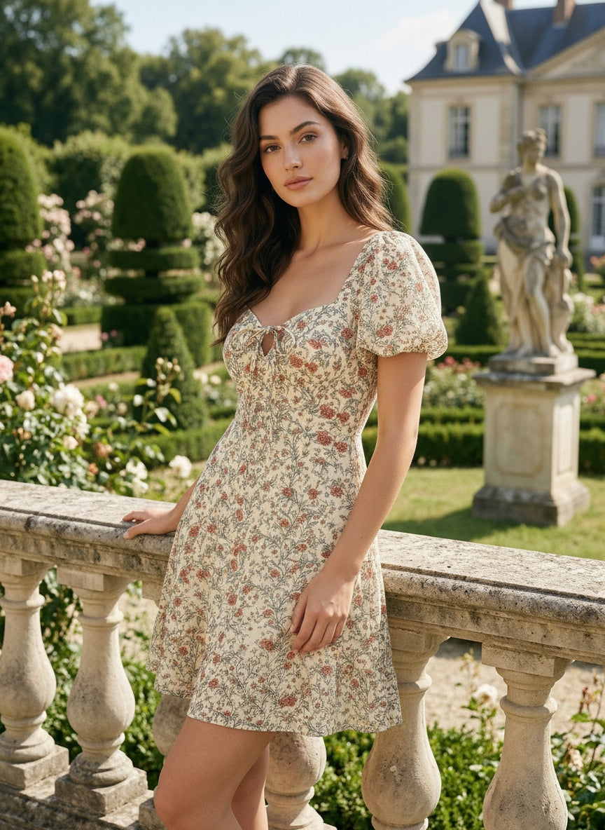 AYLA Floral Print Puff Sleeve Tiered Mini Dress