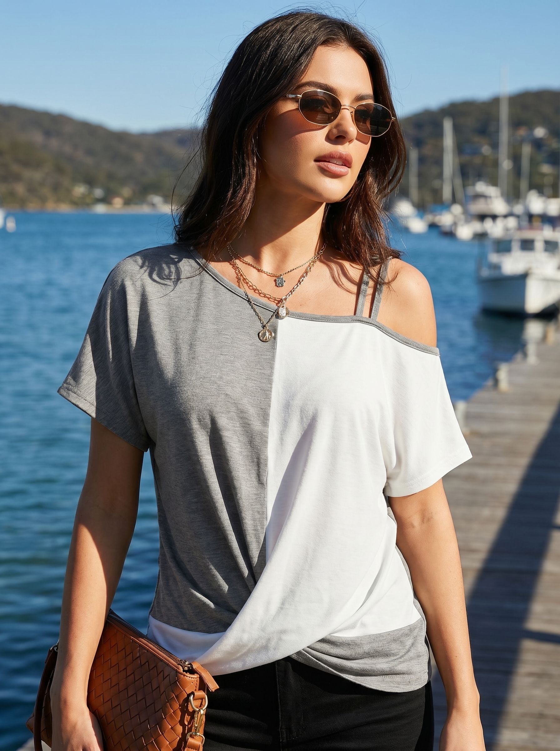 Colorblock Cold Shoulder Twisted Hem T-Shirt