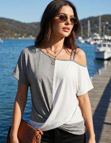 Colorblock Cold Shoulder Twisted Hem T-Shirt
