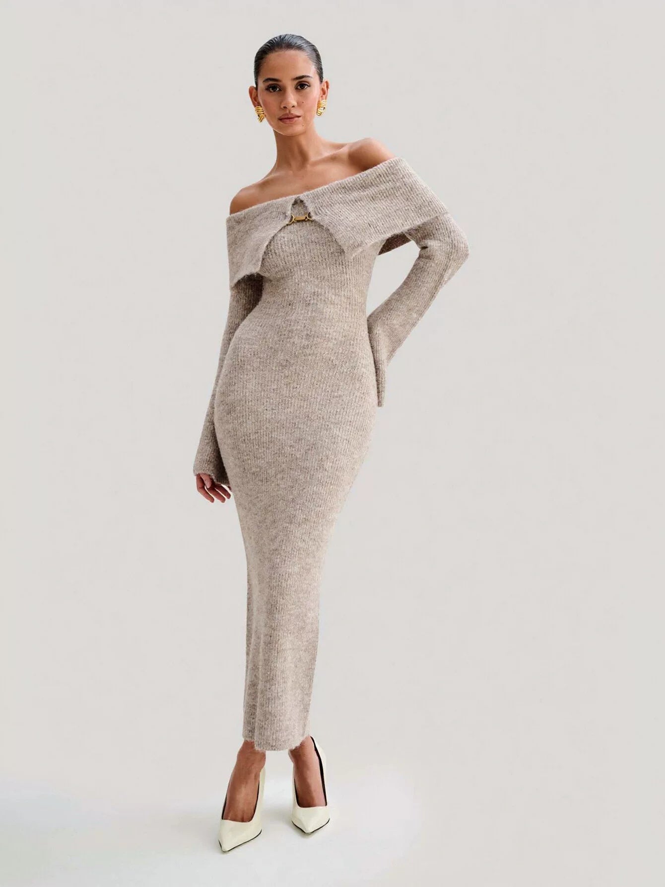 Off Shoulder Ribbed Knit Midi Dress