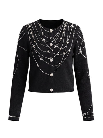 Embellished Rhinestone Pearl Knit Cardigan