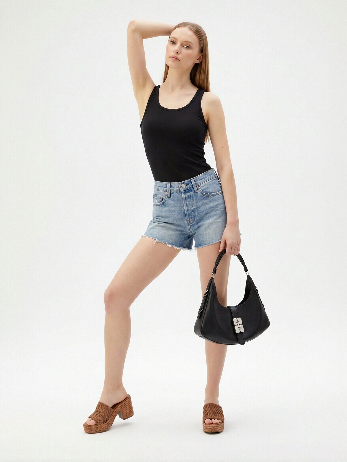 High Rise Raw Hem Denim Shorts