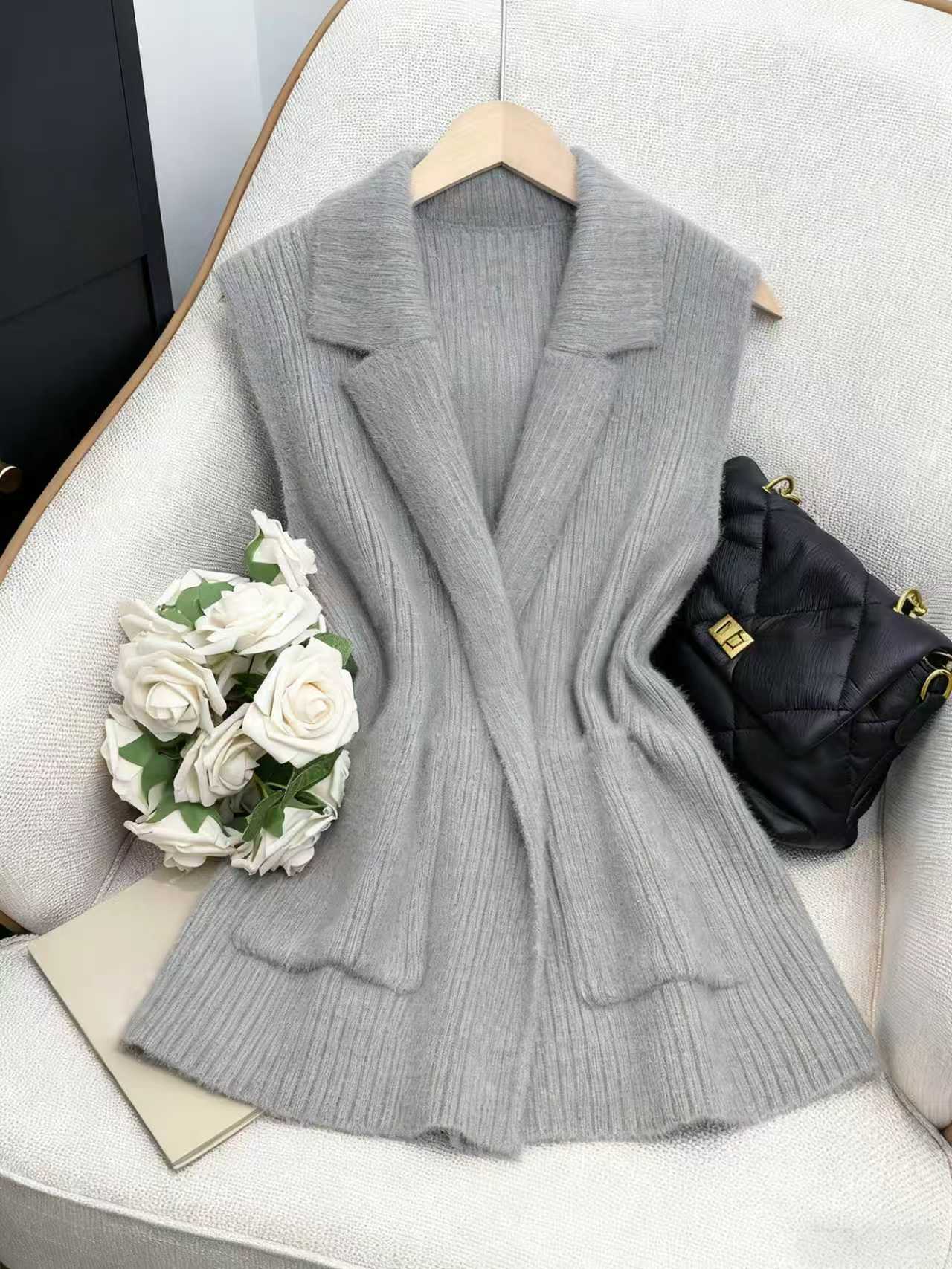 Cozy Fuzzy Lapel Knit Vest