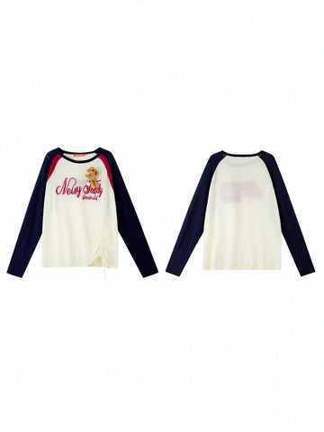 Graphic Raglan Drawstring Knitted Sweater