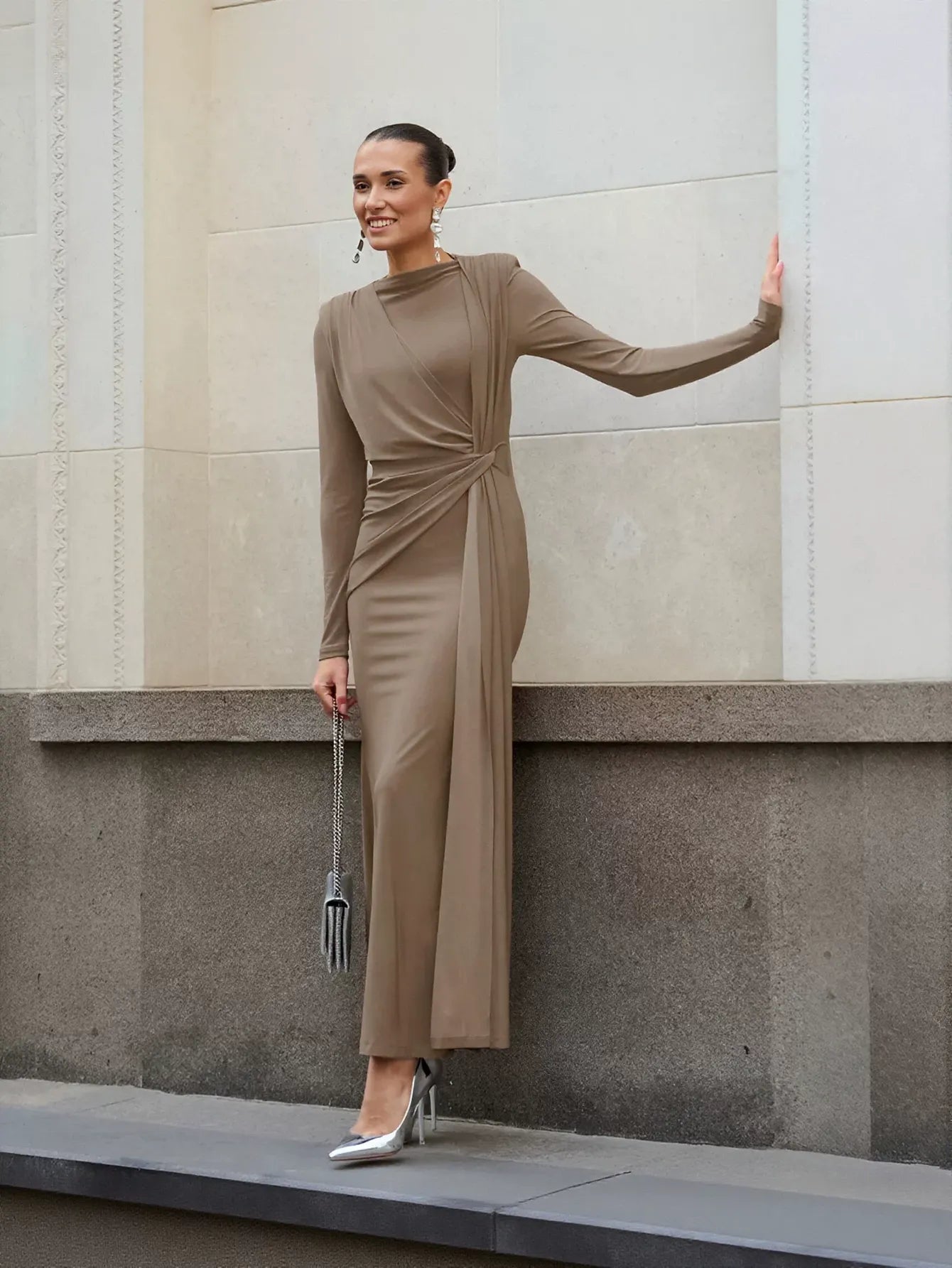 Elegant Draped Long Sleeve Maxi Dress