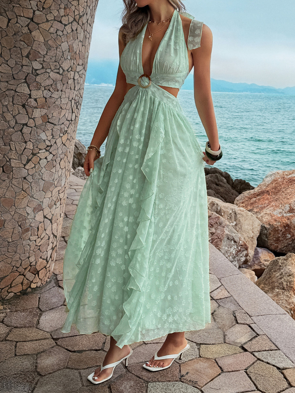 Cutout Halter Ruffle Maxi Dress