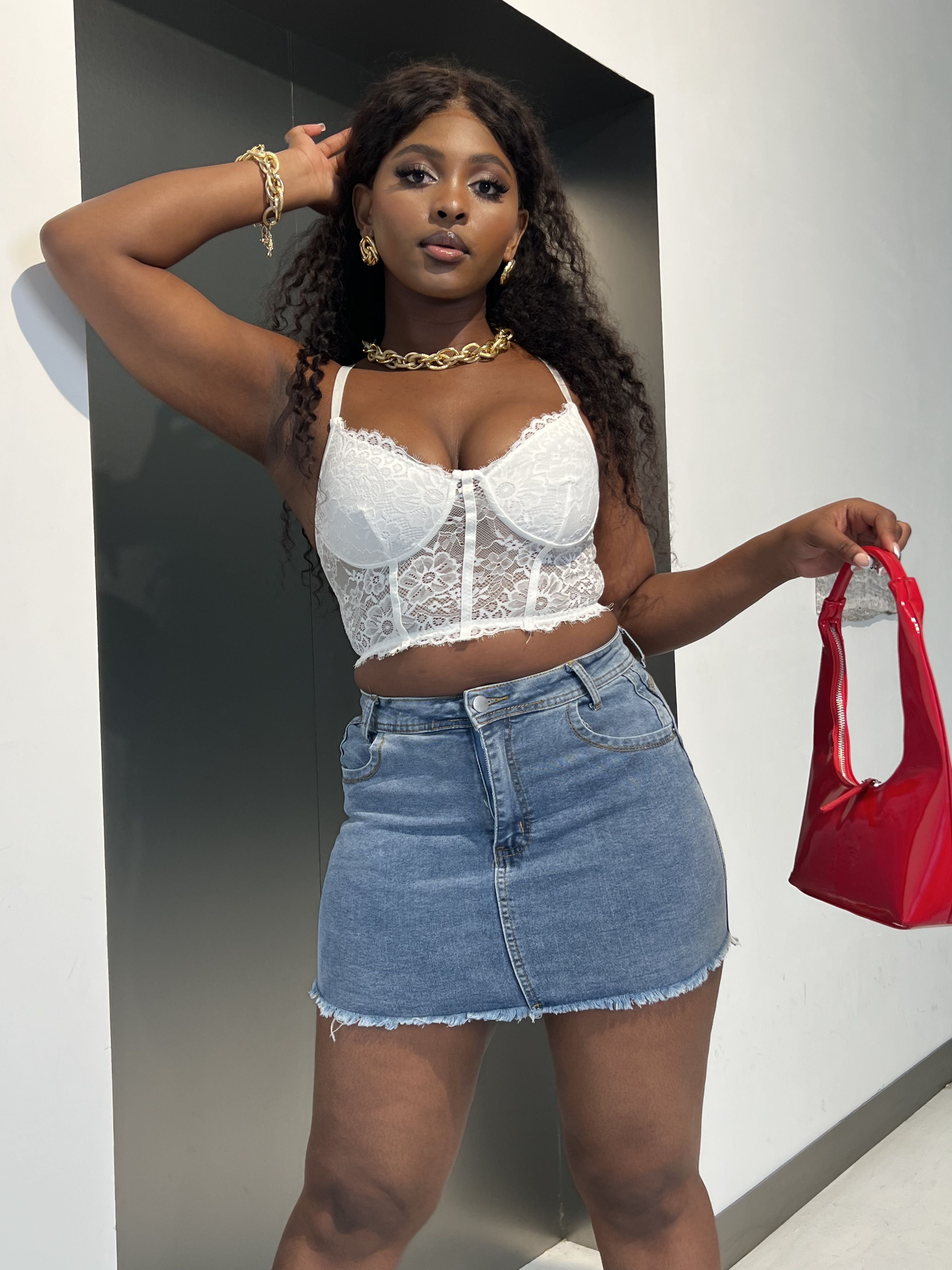High-Waisted Frayed Classic Denim Mini-Skirt-Dark Blue