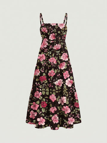 FLORA Floral Print Tiered Strap Midi Dress