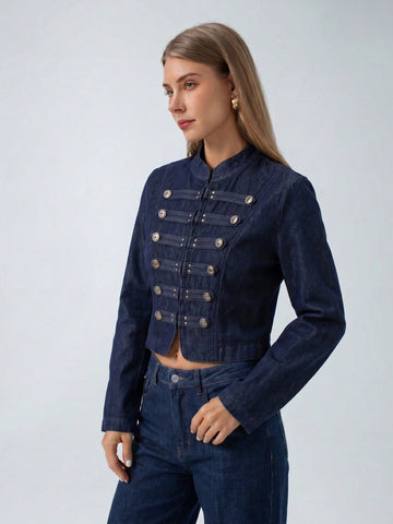 Military Inspired Cropped Denim Jacket