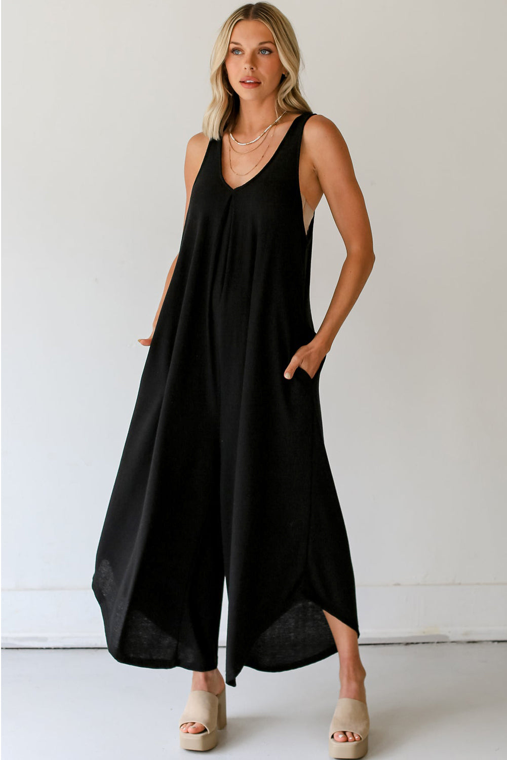 V Neck Flared Leg Jumpsuit