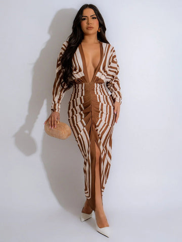 V Neck Side Slit Retro Midi Dress