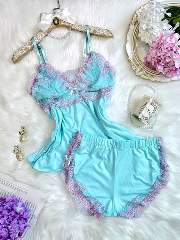 Lace Trim Satin Pajama Set
