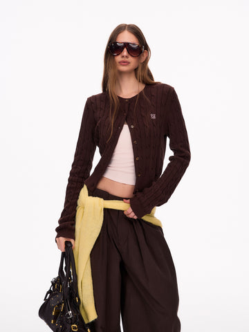 Cropped Embroidered Cable Knit Cardigan