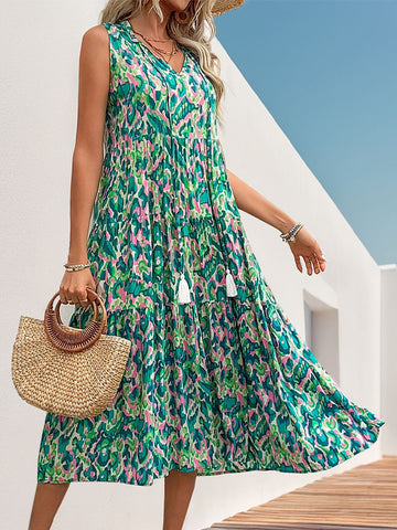 Teal Abstract Print Fringe Detail Maxi Dress