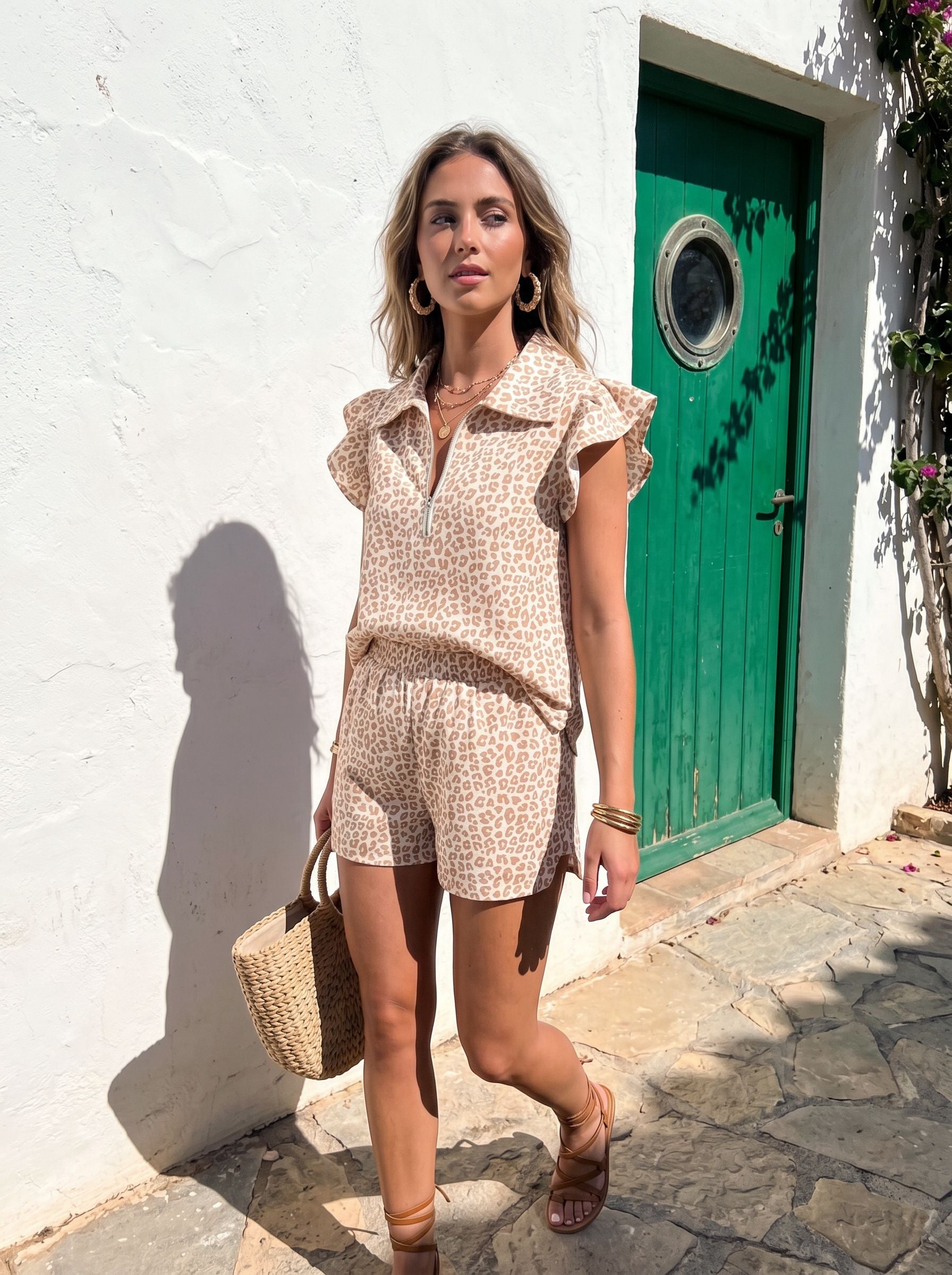 Leopard Print Zip Front Casual Short Set