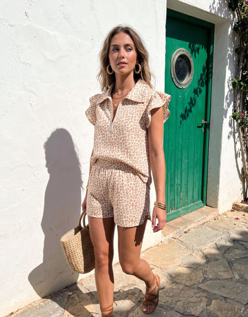 Leopard Print Zip Front Casual Short Set