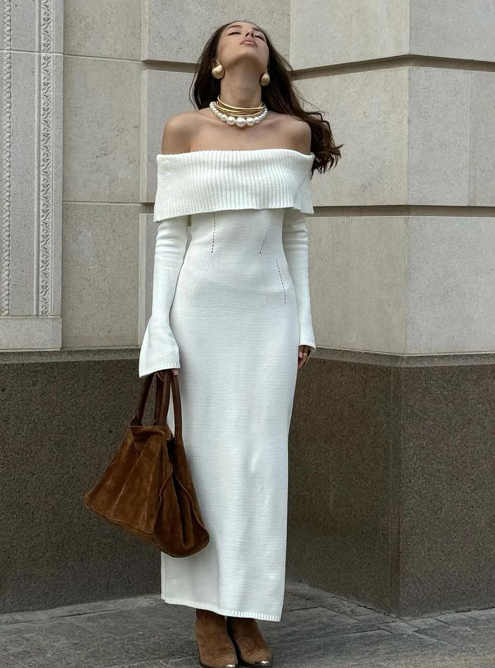 Off-Shoulder Ribbed-Knit Elegant Maxi Dress-Multicolor