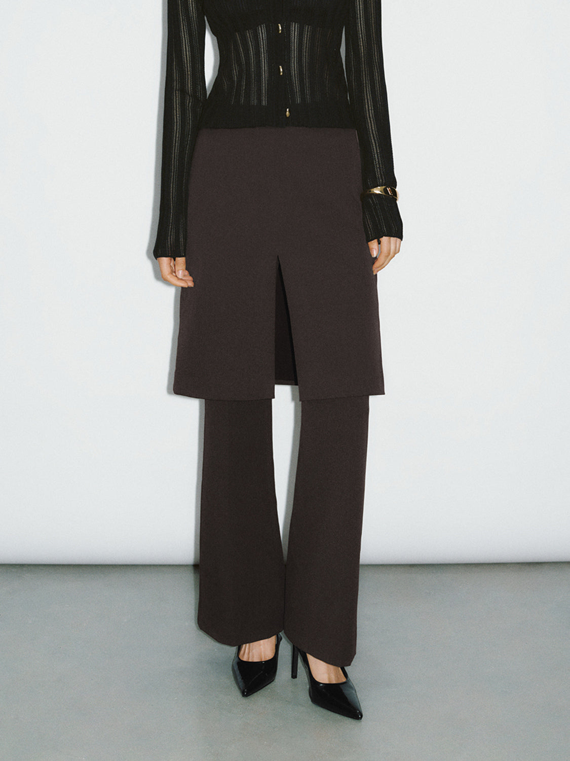 Urban Revivo Skirt Layered Flare Pants-Deep Coffee Brown