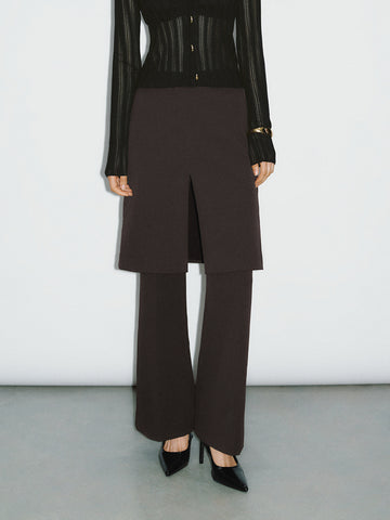 Urban Revivo Skirt Layered Flare Pants-Deep Coffee Brown