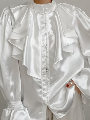 Ruffled Satin Button Down Blouse