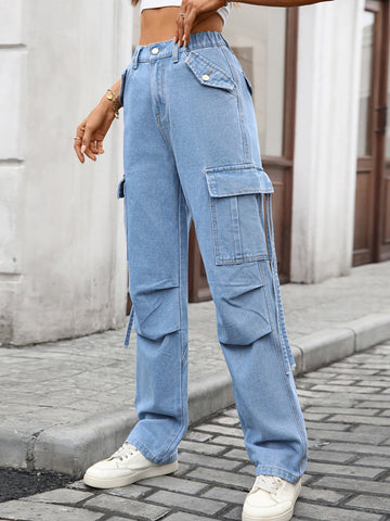 High Waisted Utility Cargo Jeans